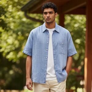 Orvis Sig. Collection Blue 100% Linen Plaid Button Down Shirt Short Sleeve XL